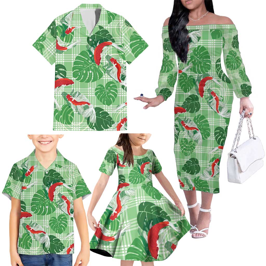 Lime Palaka Hawaii Aloha Family Matching Off The Shoulder Long Sleeve Dress and Hawaiian Shirt Koi Pond Mix Monstera - Polynesian Pride
