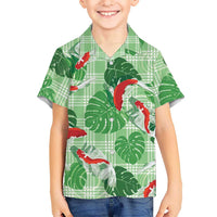 Lime Palaka Hawaii Aloha Family Matching Off The Shoulder Long Sleeve Dress and Hawaiian Shirt Koi Pond Mix Monstera LT7 - Polynesian Pride