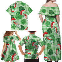 Lime Palaka Hawaii Aloha Family Matching Off Shoulder Maxi Dress and Hawaiian Shirt Koi Pond Mix Monstera LT7 - Polynesian Pride