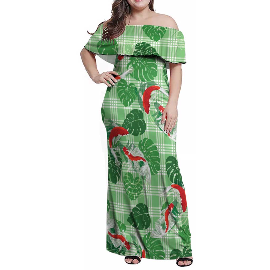 Lime Palaka Hawaii Aloha Family Matching Off Shoulder Maxi Dress and Hawaiian Shirt Koi Pond Mix Monstera LT7 Lime Green - Polynesian Pride