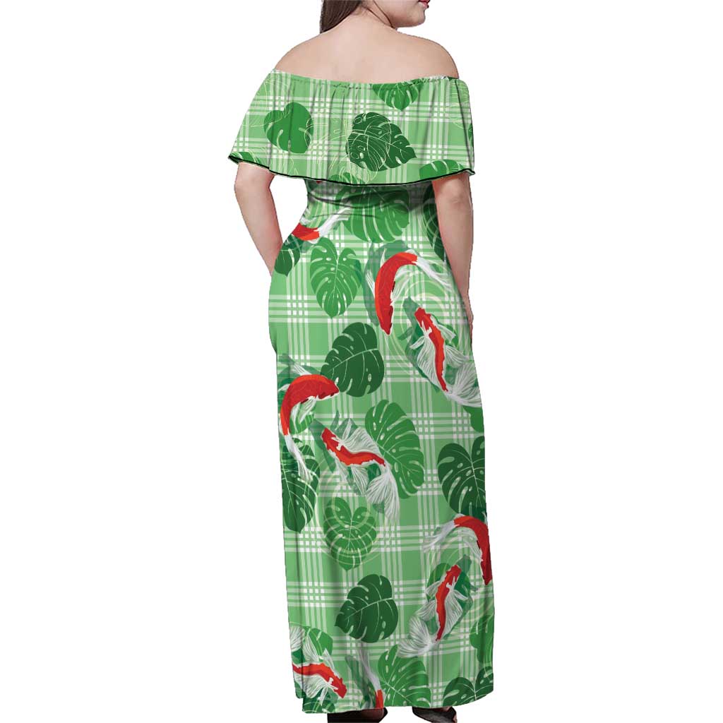 Lime Palaka Hawaii Aloha Family Matching Off Shoulder Maxi Dress and Hawaiian Shirt Koi Pond Mix Monstera LT7 - Polynesian Pride