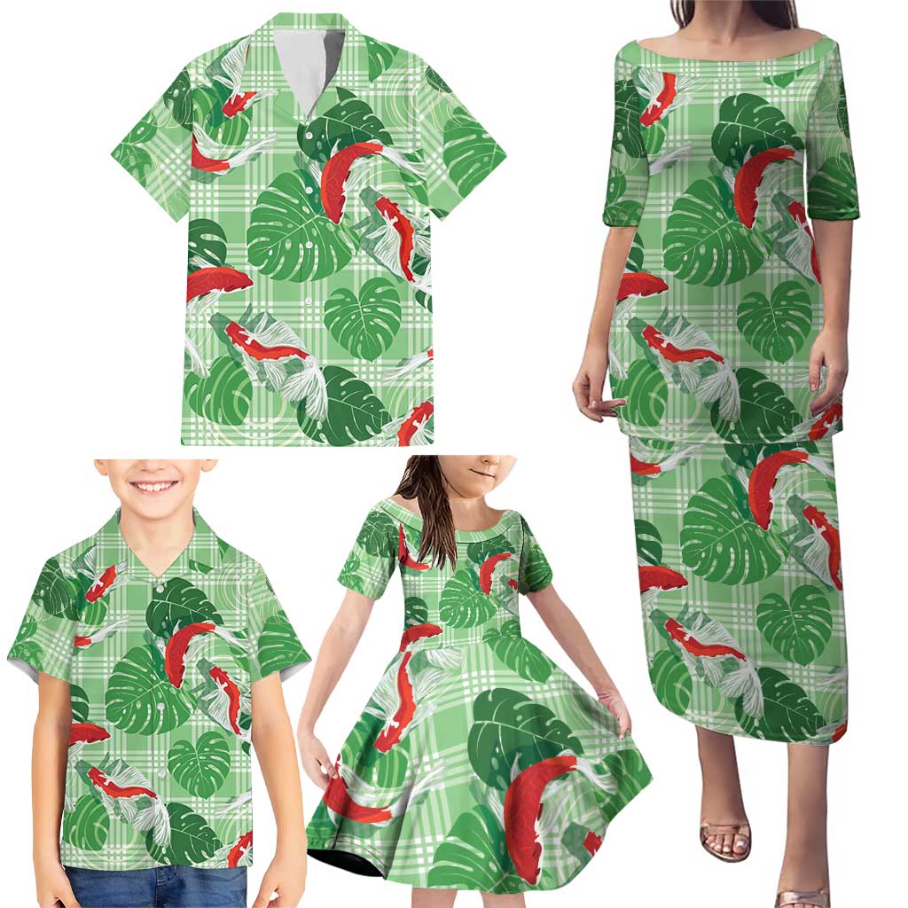 Lime Palaka Hawaii Aloha Family Matching Puletasi and Hawaiian Shirt Koi Pond Mix Monstera LT7 - Polynesian Pride