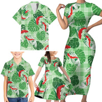 Lime Palaka Hawaii Aloha Family Matching Short Sleeve Bodycon Dress and Hawaiian Shirt Koi Pond Mix Monstera LT7 - Polynesian Pride