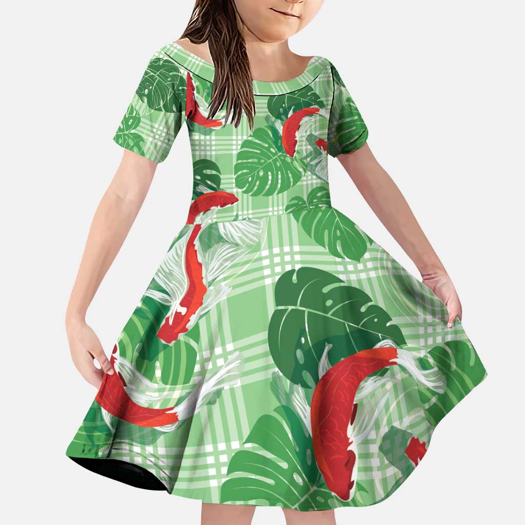 Lime Palaka Hawaii Aloha Family Matching Summer Maxi Dress and Hawaiian Shirt Koi Pond Mix Monstera LT7 Daughter's Dress Lime Green - Polynesian Pride
