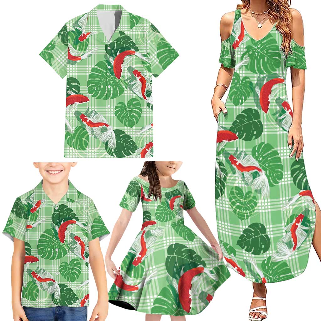 Lime Palaka Hawaii Aloha Family Matching Summer Maxi Dress and Hawaiian Shirt Koi Pond Mix Monstera - Polynesian Pride