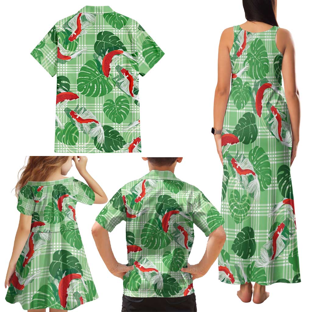 Lime Palaka Hawaii Aloha Family Matching Tank Maxi Dress and Hawaiian Shirt Koi Pond Mix Monstera LT7 - Polynesian Pride