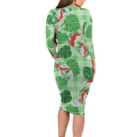 Lime Palaka Hawaii Aloha Long Sleeve Bodycon Dress Koi Pond Mix Monstera - Polynesian Pride