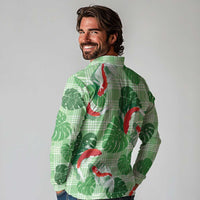 Lime Palaka Hawaii Aloha Long Sleeve Polo Shirt Koi Pond Mix Monstera - Polynesian Pride