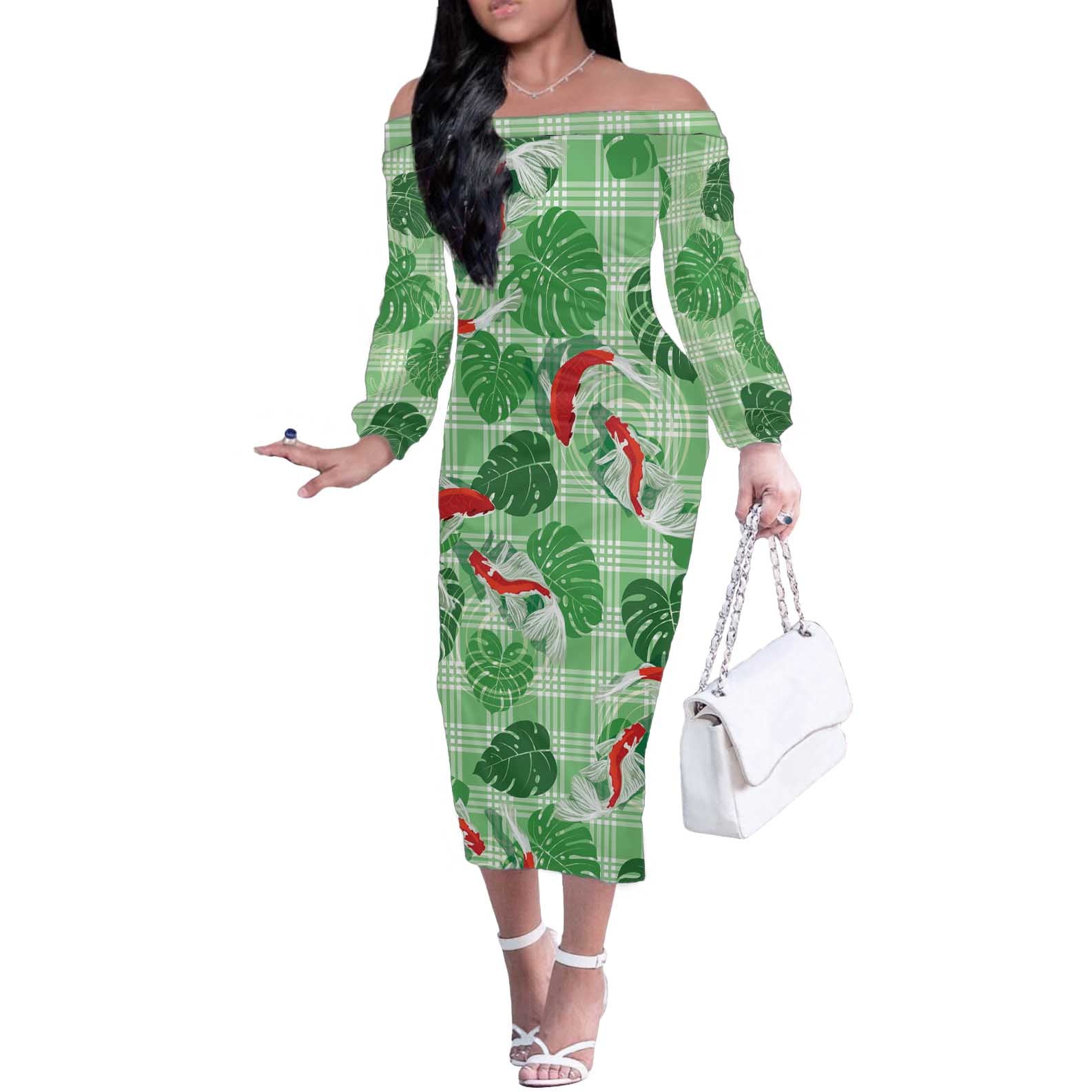 Lime Palaka Hawaii Aloha Off The Shoulder Long Sleeve Dress Koi Pond Mix Monstera - Polynesian Pride