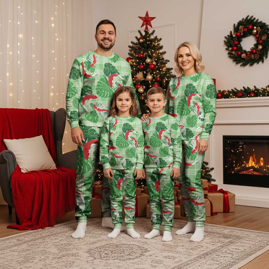 Lime Palaka Hawaii Aloha Christmas Pajama Set Koi Pond Mix Monstera - Polynesian Pride