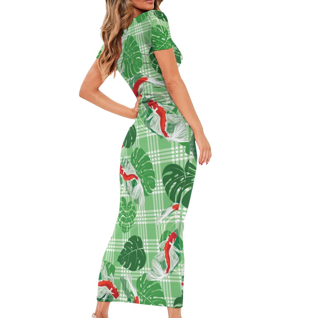 Lime Palaka Hawaii Aloha Short Sleeve Bodycon Dress Koi Pond Mix Monstera - Polynesian Pride