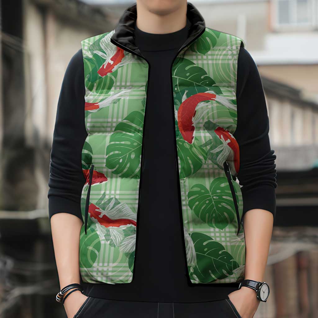 Lime Palaka Hawaii Aloha Sleeveless Puffer Jacket Koi Pond Mix Monstera - Polynesian Pride