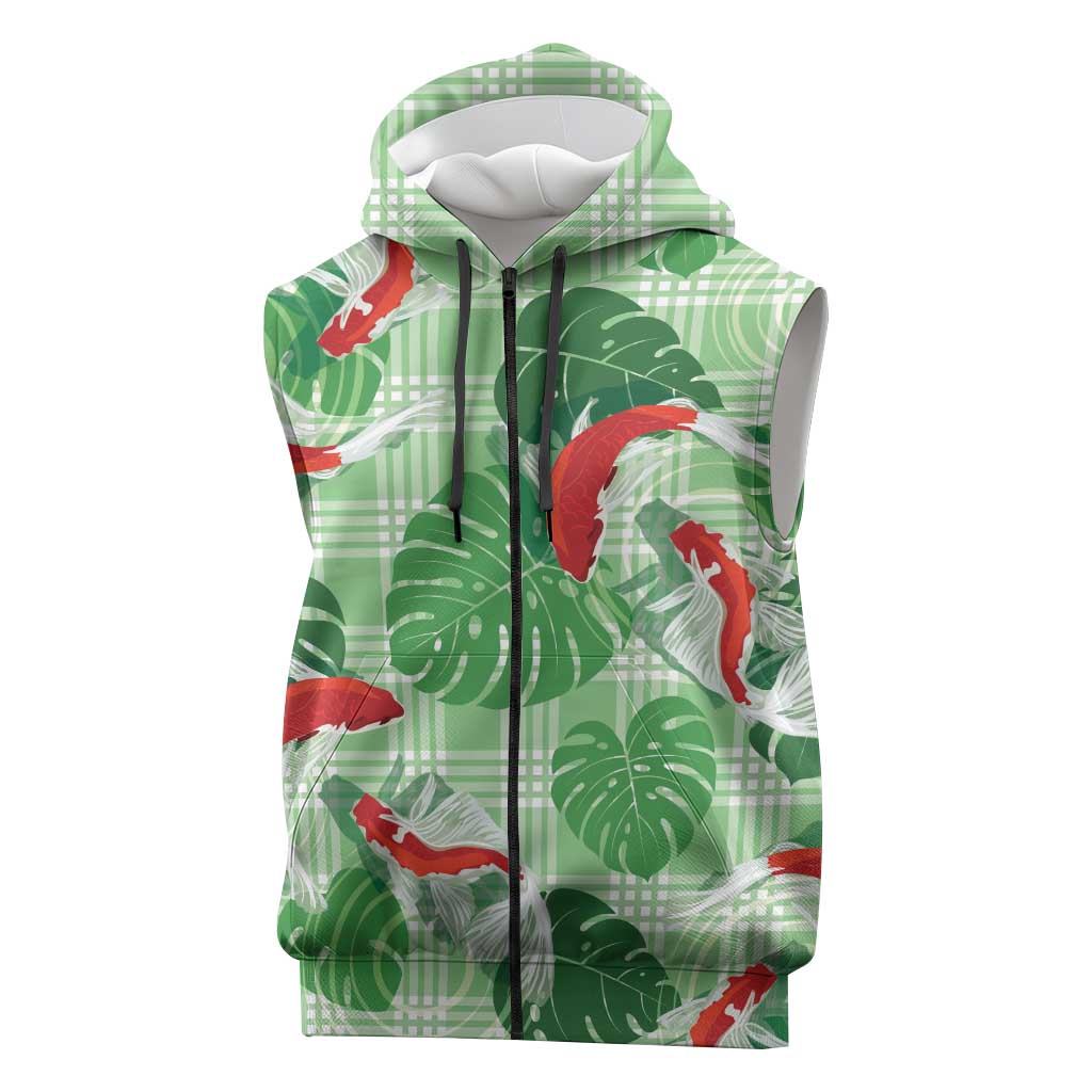 Lime Palaka Hawaii Aloha Sleeveless Zip Hoodie Koi Pond Mix Monstera - Polynesian Pride