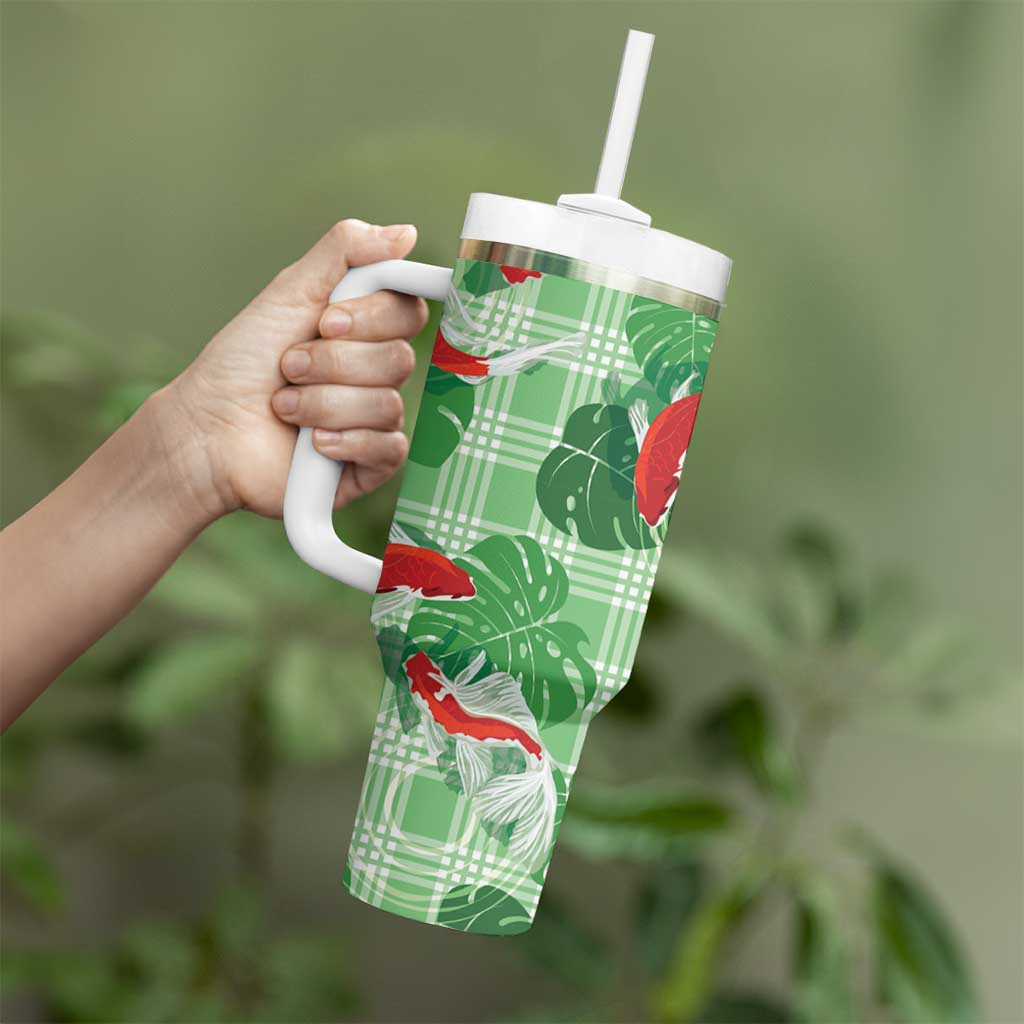 Lime Palaka Hawaii Aloha Tumbler With Handle Koi Pond Mix Monstera LT7 - Polynesian Pride