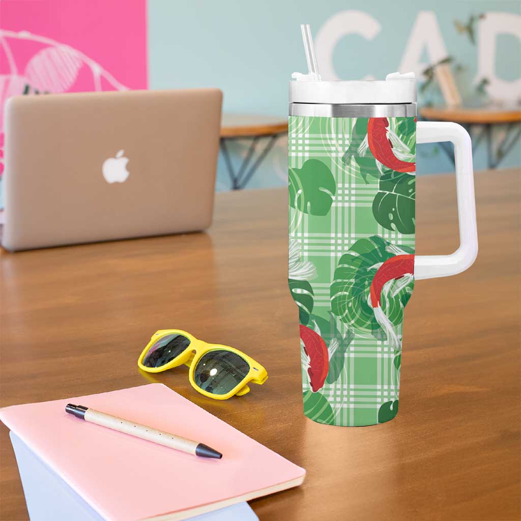 Lime Palaka Hawaii Aloha Tumbler With Handle Koi Pond Mix Monstera LT7 - Polynesian Pride