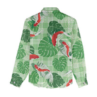 Lime Palaka Hawaii Aloha Women Casual Shirt Koi Pond Mix Monstera - Polynesian Pride