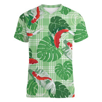 Lime Palaka Hawaii Aloha Women V-Neck T-Shirt Koi Pond Mix Monstera - Polynesian Pride