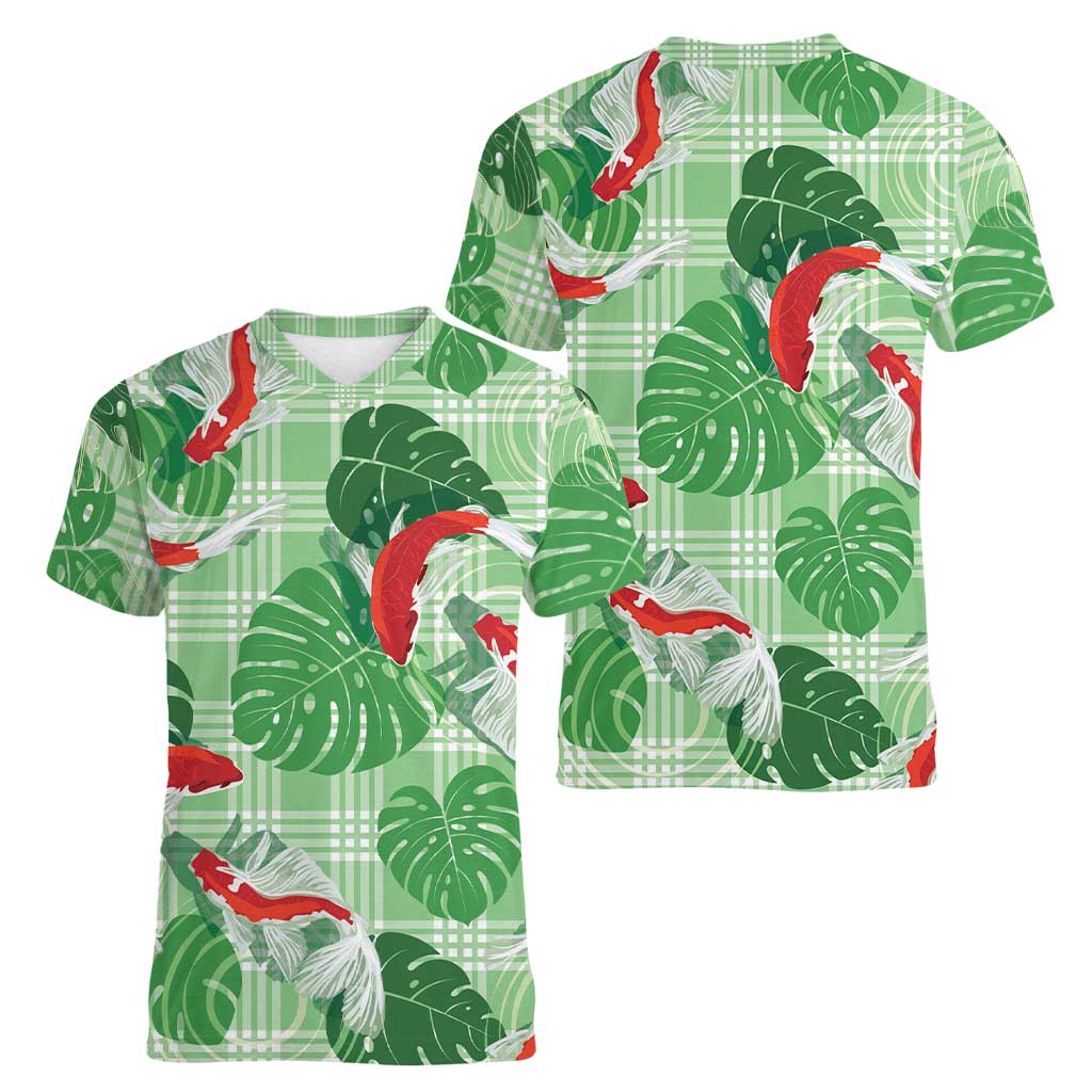Lime Palaka Hawaii Aloha Women V-Neck T-Shirt Koi Pond Mix Monstera - Polynesian Pride