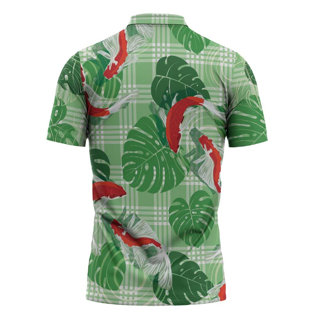 Lime Palaka Hawaii Aloha Zipper Polo Shirt Koi Pond Mix Monstera - Polynesian Pride
