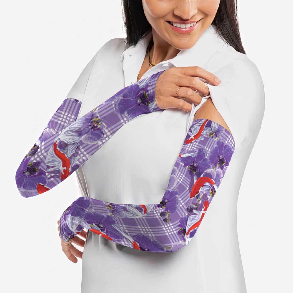 Lavender Palaka Hawaii Aloha Arm Sleeves Koi Pond Mix Orchids - Polynesian Pride