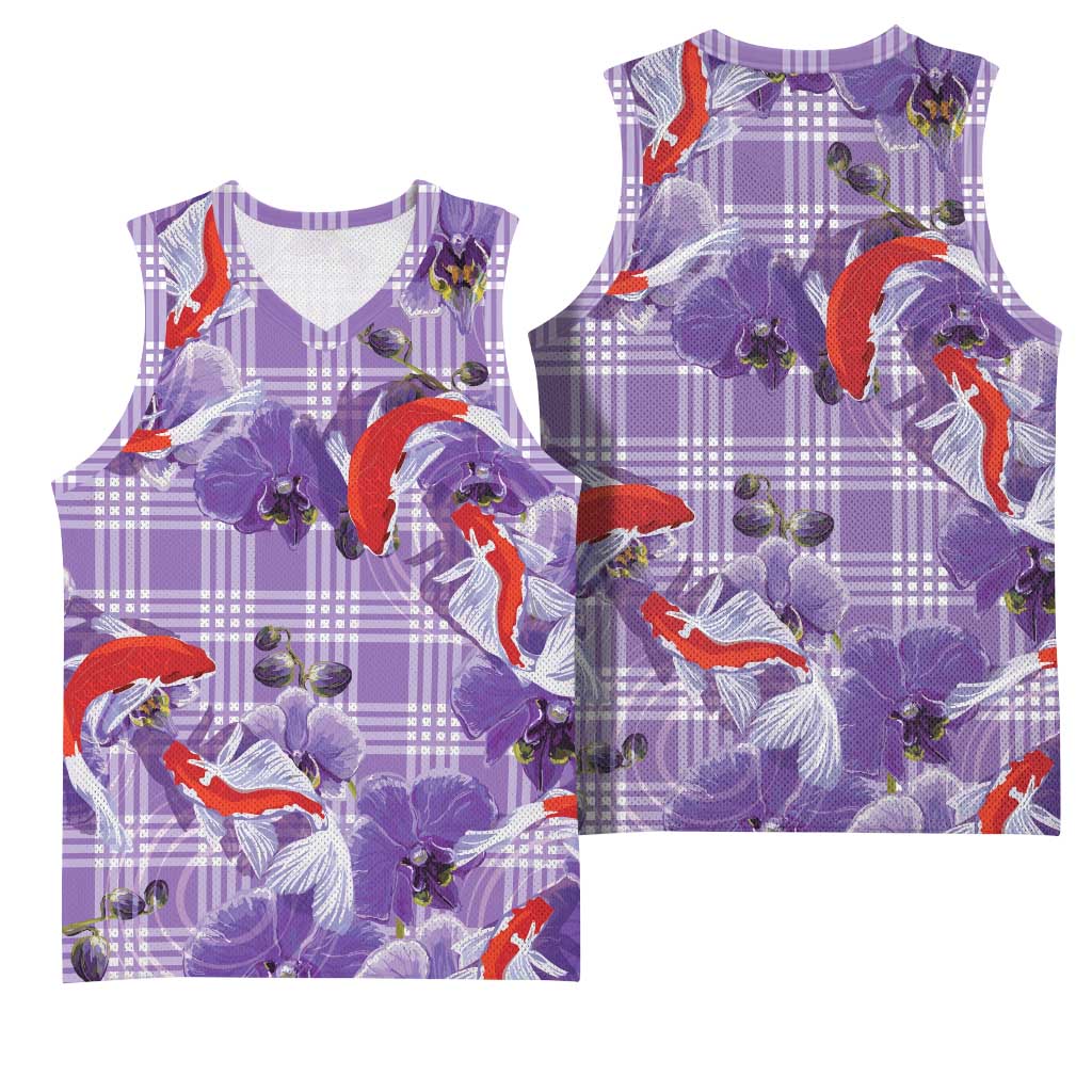 Lavender Palaka Hawaii Aloha Basketball Jersey Koi Pond Mix Orchids - Polynesian Pride