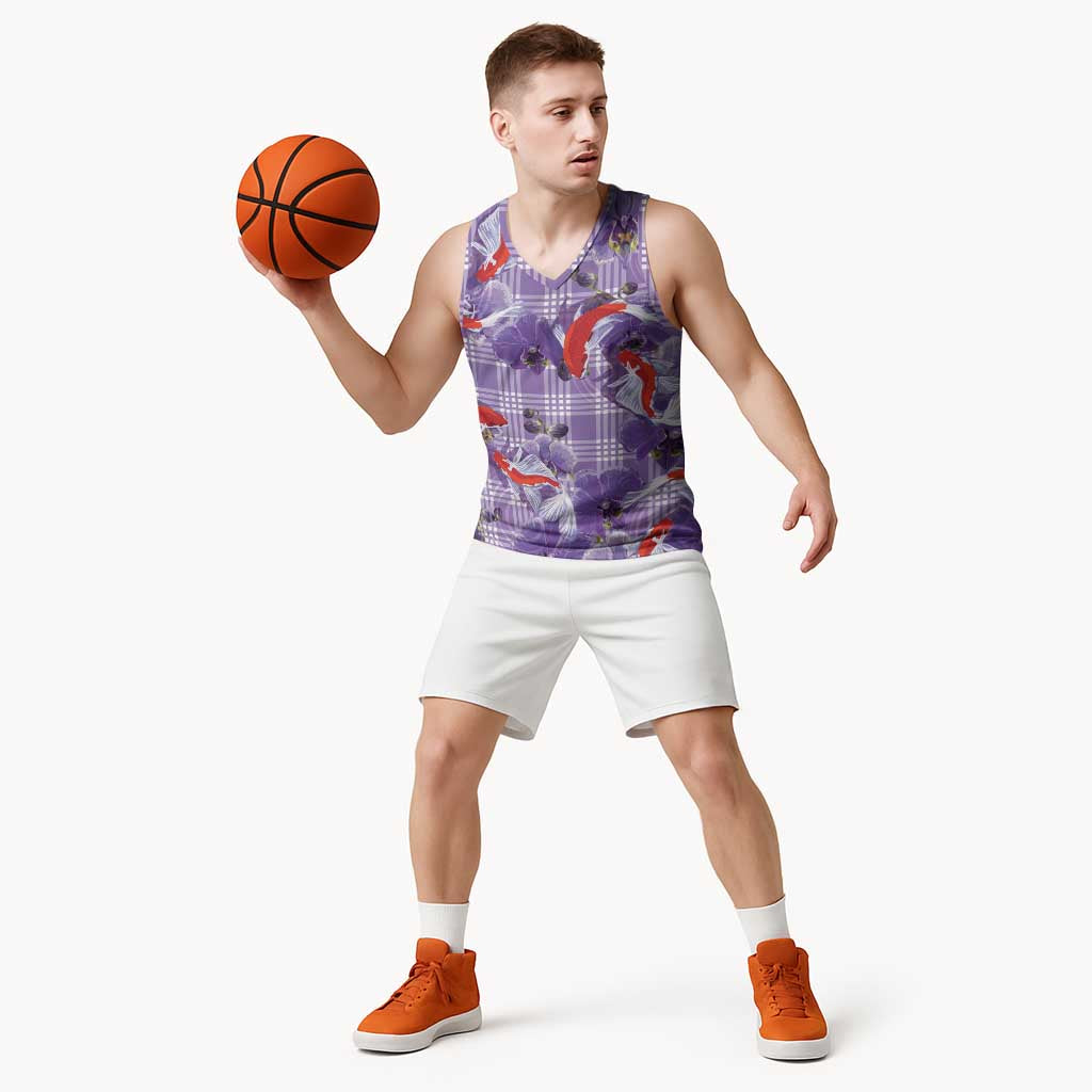 Lavender Palaka Hawaii Aloha Basketball Jersey Koi Pond Mix Orchids - Polynesian Pride