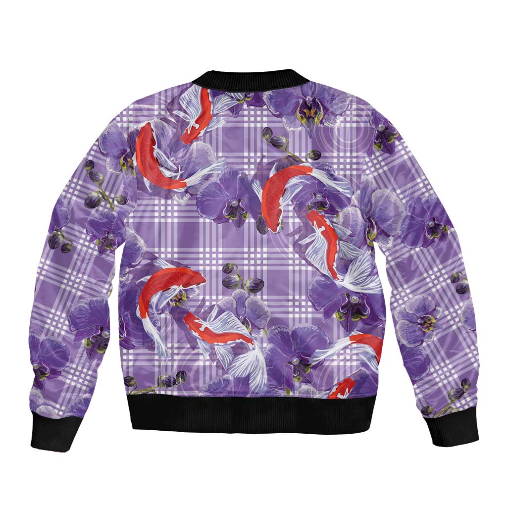 Lavender Palaka Hawaii Aloha Bomber Jacket Koi Pond Mix Orchids - Polynesian Pride