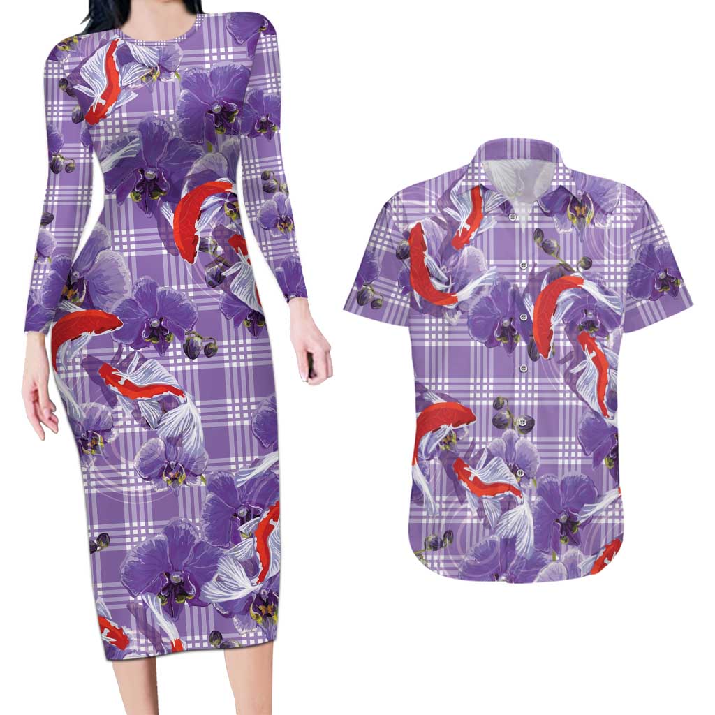 Lavender Palaka Hawaii Aloha Couples Matching Long Sleeve Bodycon Dress and Hawaiian Shirt Koi Pond Mix Orchids LT7 Purple - Polynesian Pride