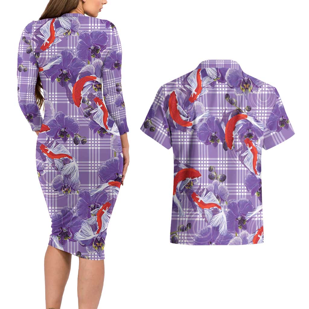 Lavender Palaka Hawaii Aloha Couples Matching Long Sleeve Bodycon Dress and Hawaiian Shirt Koi Pond Mix Orchids LT7 - Polynesian Pride