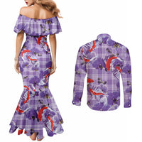 Lavender Palaka Hawaii Aloha Couples Matching Mermaid Dress and Long Sleeve Button Shirt Koi Pond Mix Orchids LT7 - Polynesian Pride