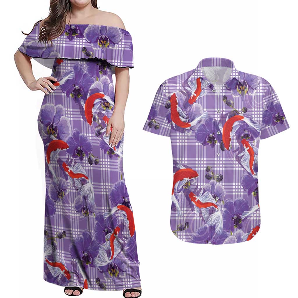 Lavender Palaka Hawaii Aloha Couples Matching Off Shoulder Maxi Dress and Hawaiian Shirt Koi Pond Mix Orchids LT7 Purple - Polynesian Pride
