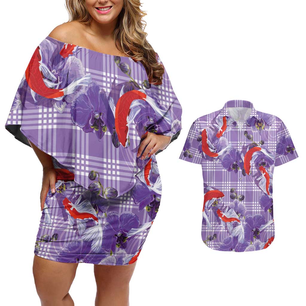 Lavender Palaka Hawaii Aloha Couples Matching Off Shoulder Short Dress and Hawaiian Shirt Koi Pond Mix Orchids LT7 Purple - Polynesian Pride