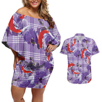 Lavender Palaka Hawaii Aloha Couples Matching Off Shoulder Short Dress and Hawaiian Shirt Koi Pond Mix Orchids LT7 Purple - Polynesian Pride