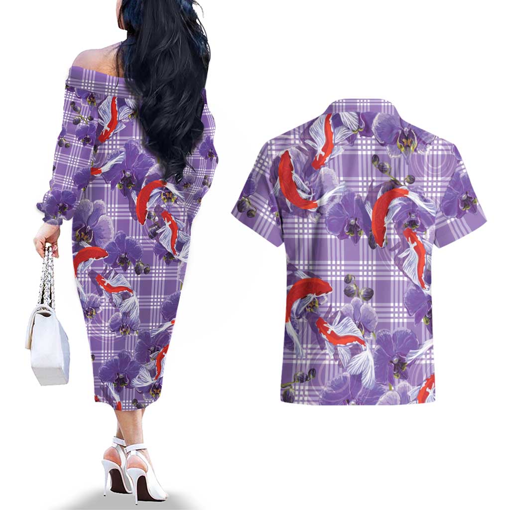 Lavender Palaka Hawaii Aloha Couples Matching Off The Shoulder Long Sleeve Dress and Hawaiian Shirt Koi Pond Mix Orchids LT7 - Polynesian Pride