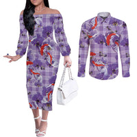 Lavender Palaka Hawaii Aloha Couples Matching Off The Shoulder Long Sleeve Dress and Long Sleeve Button Shirt Koi Pond Mix Orchids LT7 Purple - Polynesian Pride