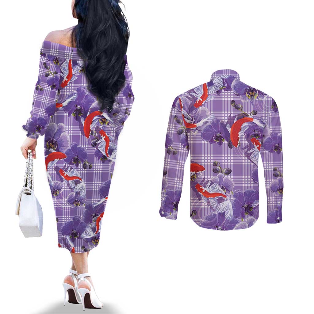 Lavender Palaka Hawaii Aloha Couples Matching Off The Shoulder Long Sleeve Dress and Long Sleeve Button Shirt Koi Pond Mix Orchids LT7 - Polynesian Pride