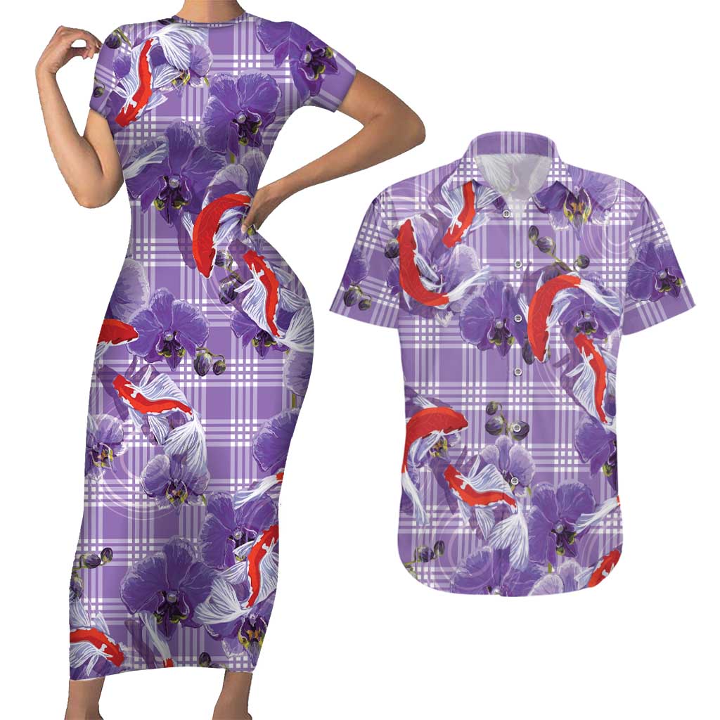 Lavender Palaka Hawaii Aloha Couples Matching Short Sleeve Bodycon Dress and Hawaiian Shirt Koi Pond Mix Orchids LT7 Purple - Polynesian Pride