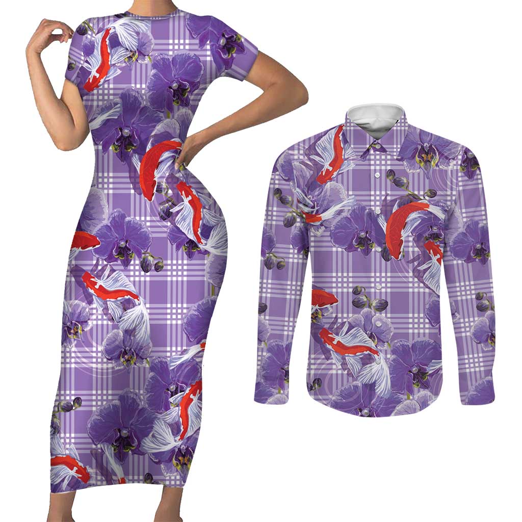 Lavender Palaka Hawaii Aloha Couples Matching Short Sleeve Bodycon Dress and Long Sleeve Button Shirt Koi Pond Mix Orchids LT7 Purple - Polynesian Pride