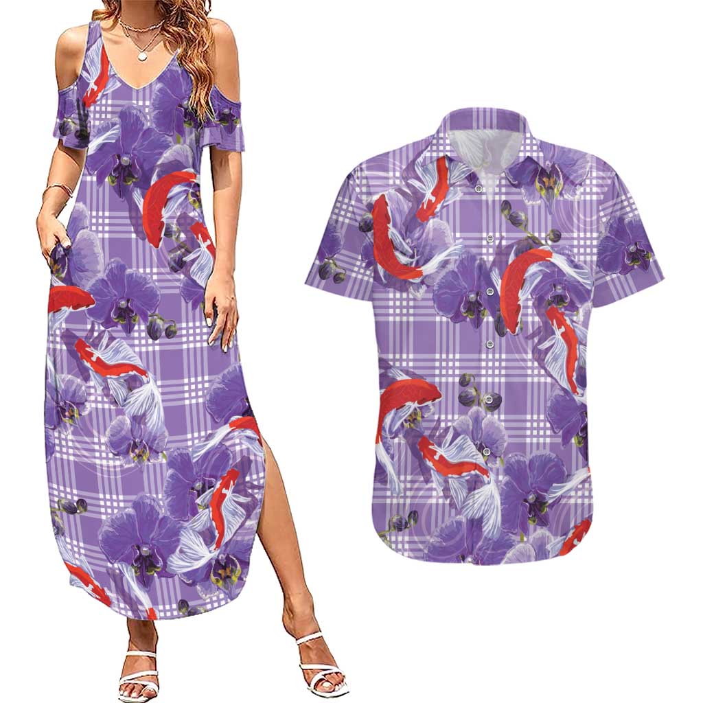 Lavender Palaka Hawaii Aloha Couples Matching Summer Maxi Dress and Hawaiian Shirt Koi Pond Mix Orchids LT7 Purple - Polynesian Pride