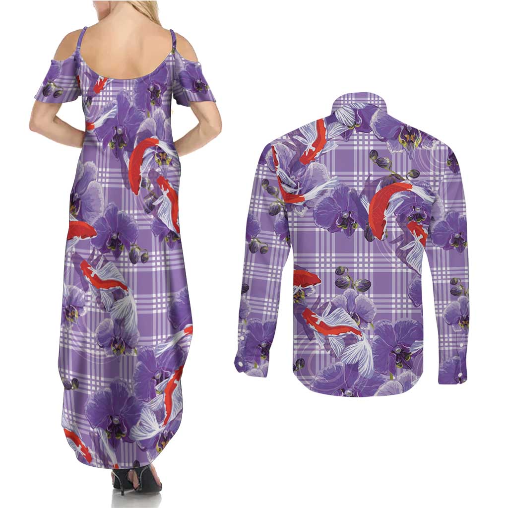 Lavender Palaka Hawaii Aloha Couples Matching Summer Maxi Dress and Long Sleeve Button Shirt Koi Pond Mix Orchids - Polynesian Pride