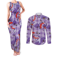 Lavender Palaka Hawaii Aloha Couples Matching Tank Maxi Dress and Long Sleeve Button Shirt Koi Pond Mix Orchids LT7 Purple - Polynesian Pride