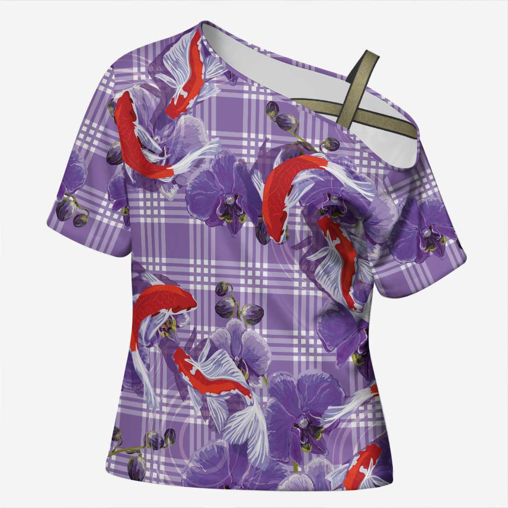 Lavender Palaka Hawaii Aloha Cross Shoulder Shirt Koi Pond Mix Orchids - Polynesian Pride