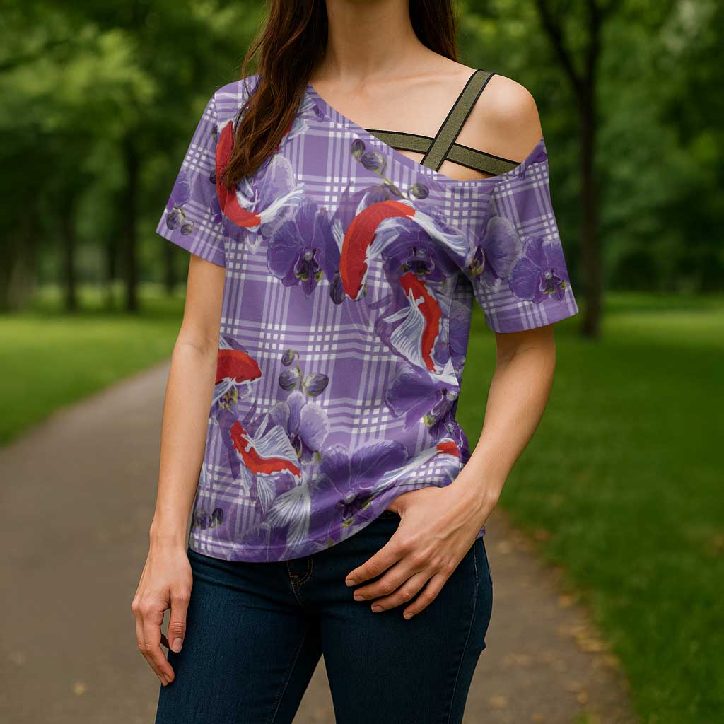Lavender Palaka Hawaii Aloha Cross Shoulder Shirt Koi Pond Mix Orchids - Polynesian Pride