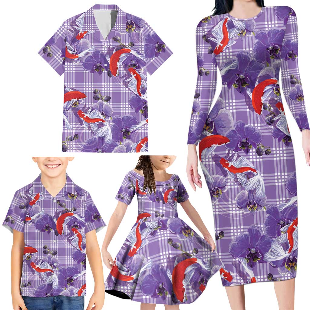 Lavender Palaka Hawaii Aloha Family Matching Long Sleeve Bodycon Dress and Hawaiian Shirt Koi Pond Mix Orchids - Polynesian Pride