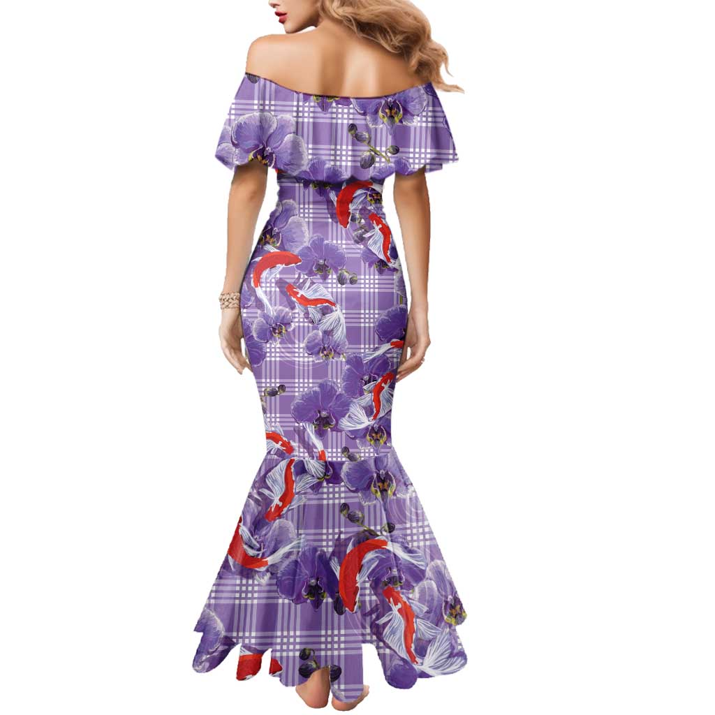 Lavender Palaka Hawaii Aloha Family Matching Mermaid Dress and Hawaiian Shirt Koi Pond Mix Orchids LT7 - Polynesian Pride