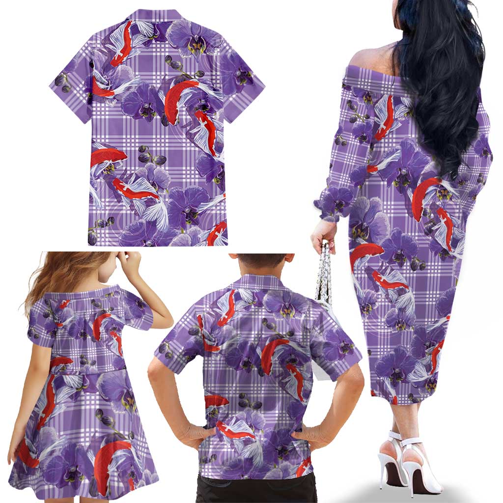 Lavender Palaka Hawaii Aloha Family Matching Off The Shoulder Long Sleeve Dress and Hawaiian Shirt Koi Pond Mix Orchids LT7 - Polynesian Pride