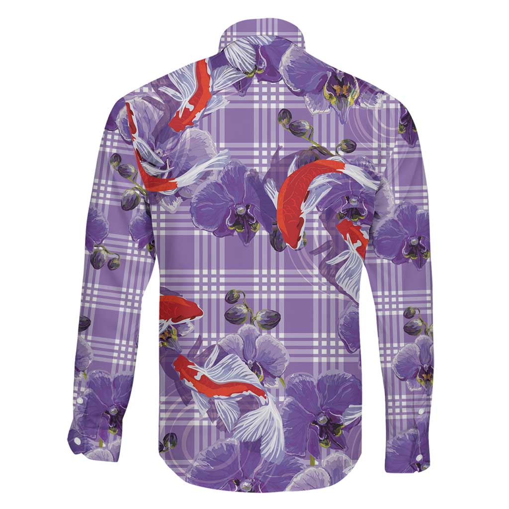 Lavender Palaka Hawaii Aloha Family Matching Off The Shoulder Long Sleeve Dress and Hawaiian Shirt Koi Pond Mix Orchids LT7 - Polynesian Pride
