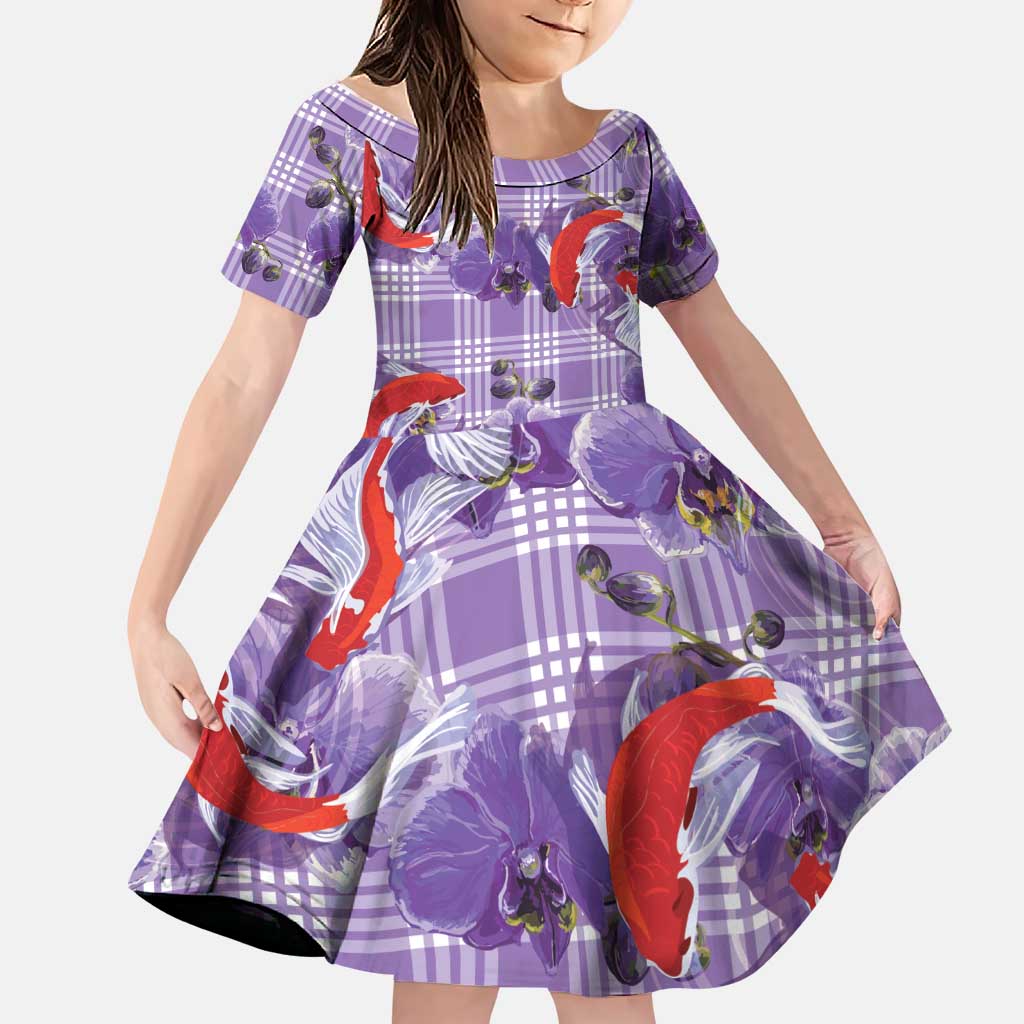 Lavender Palaka Hawaii Aloha Family Matching Off Shoulder Maxi Dress and Hawaiian Shirt Koi Pond Mix Orchids LT7 Daughter's Dress Purple - Polynesian Pride