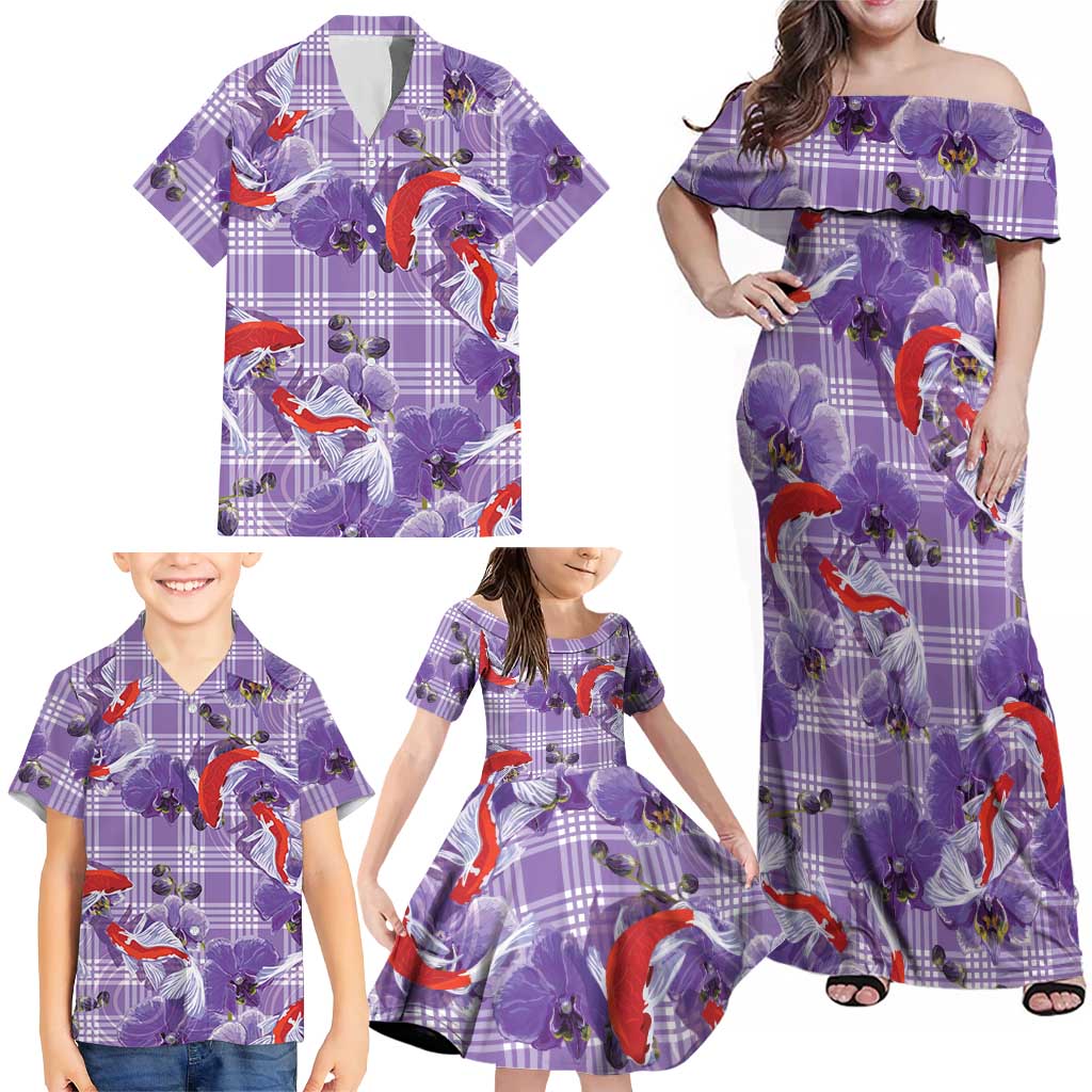 Lavender Palaka Hawaii Aloha Family Matching Off Shoulder Maxi Dress and Hawaiian Shirt Koi Pond Mix Orchids LT7 - Polynesian Pride