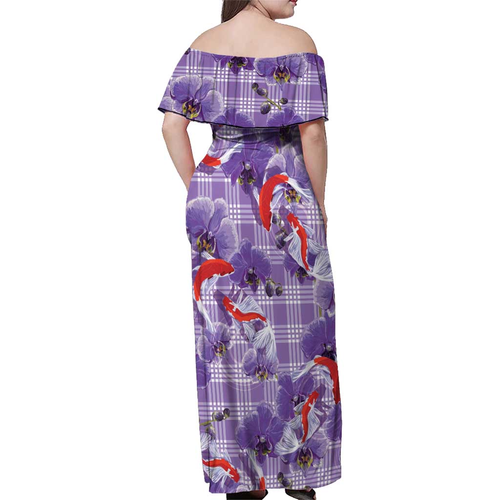 Lavender Palaka Hawaii Aloha Family Matching Off Shoulder Maxi Dress and Hawaiian Shirt Koi Pond Mix Orchids LT7 - Polynesian Pride